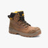 Brown leather Caterpillar Striver XL 6" S3 work boots with yellow laces, padded collar, and rugged sole, presented from a