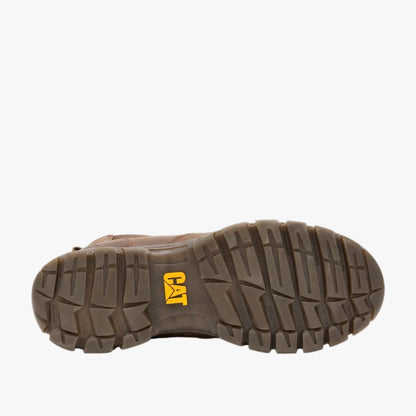 Bottom view of a single brown Caterpillar Mens Threshold Chelsea Boot, showcasing the durable textured sole and yellow CAT
