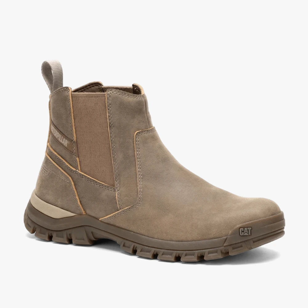 Caterpillar Mens Threshold Chelsea Boot Beaned. A single light brown suede Chelsea boot with elastic side panels and a