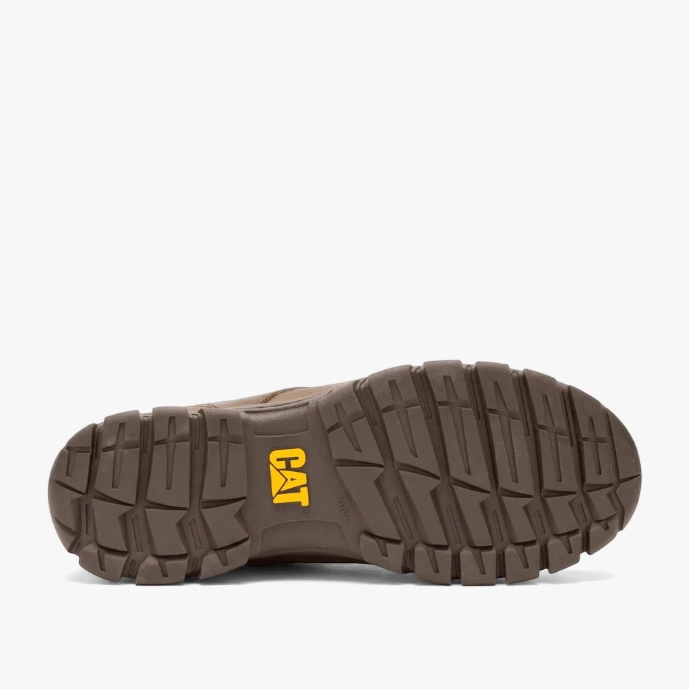 Bottom view of a brown Caterpillar Mens Threshold Lace Up Low Shoe, showcasing the rugged sole with a yellow CAT logo.