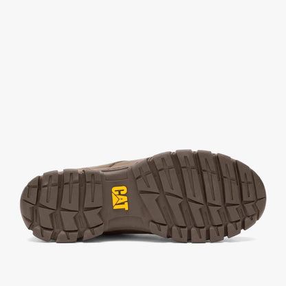 Bottom view of a brown Caterpillar Mens Threshold Lace Up Low Shoe, showcasing the rugged sole with a yellow CAT logo.