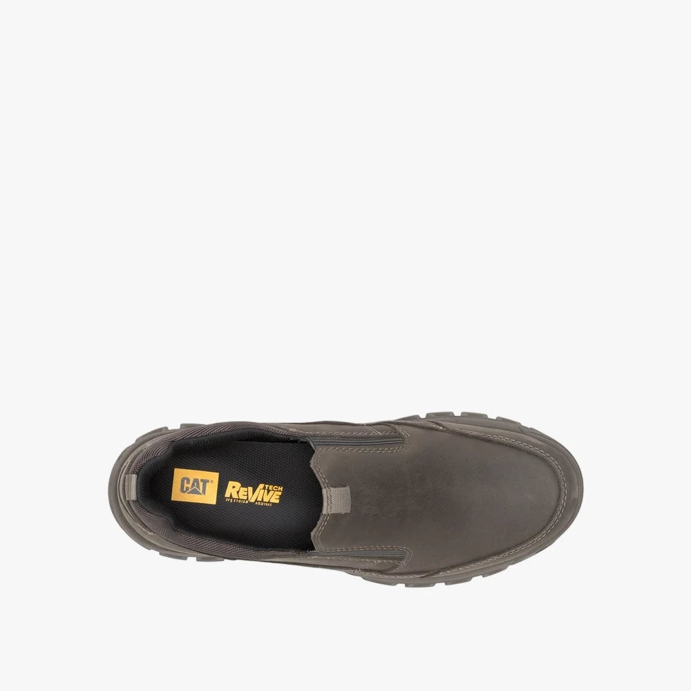 Caterpillar Mens Threshold Slip On Shoe Bungee Cord in dark grey, featuring a rugged leather upper and textured sole, viewed