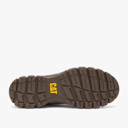 Dark brown Caterpillar Mens Threshold Slip On Shoe sole with a rugged tread pattern and yellow CAT logo, viewed from below.