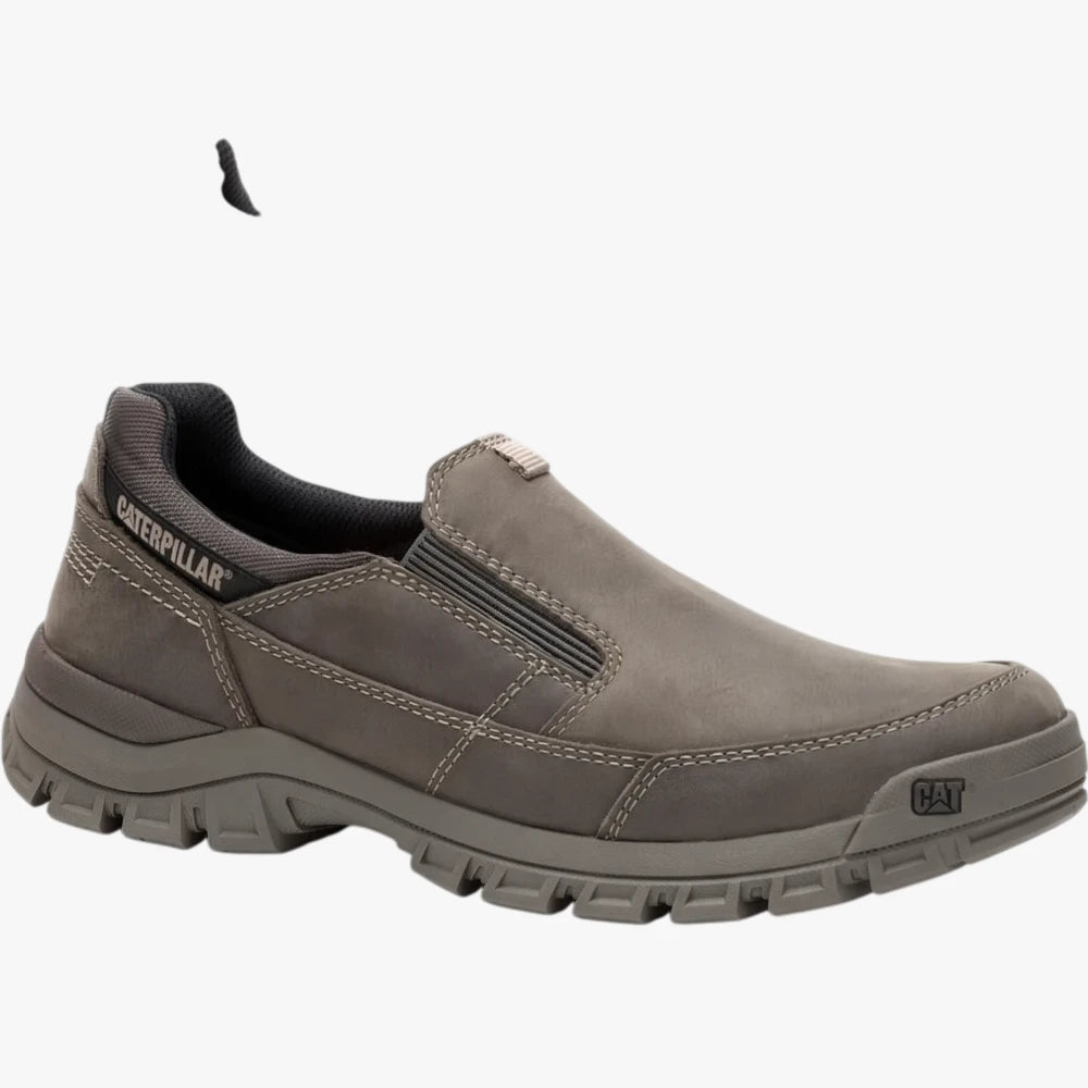 Caterpillar Mens Threshold Slip On Shoe Bungee Cord in grey leather, featuring visible stitching and a rugged outsole.