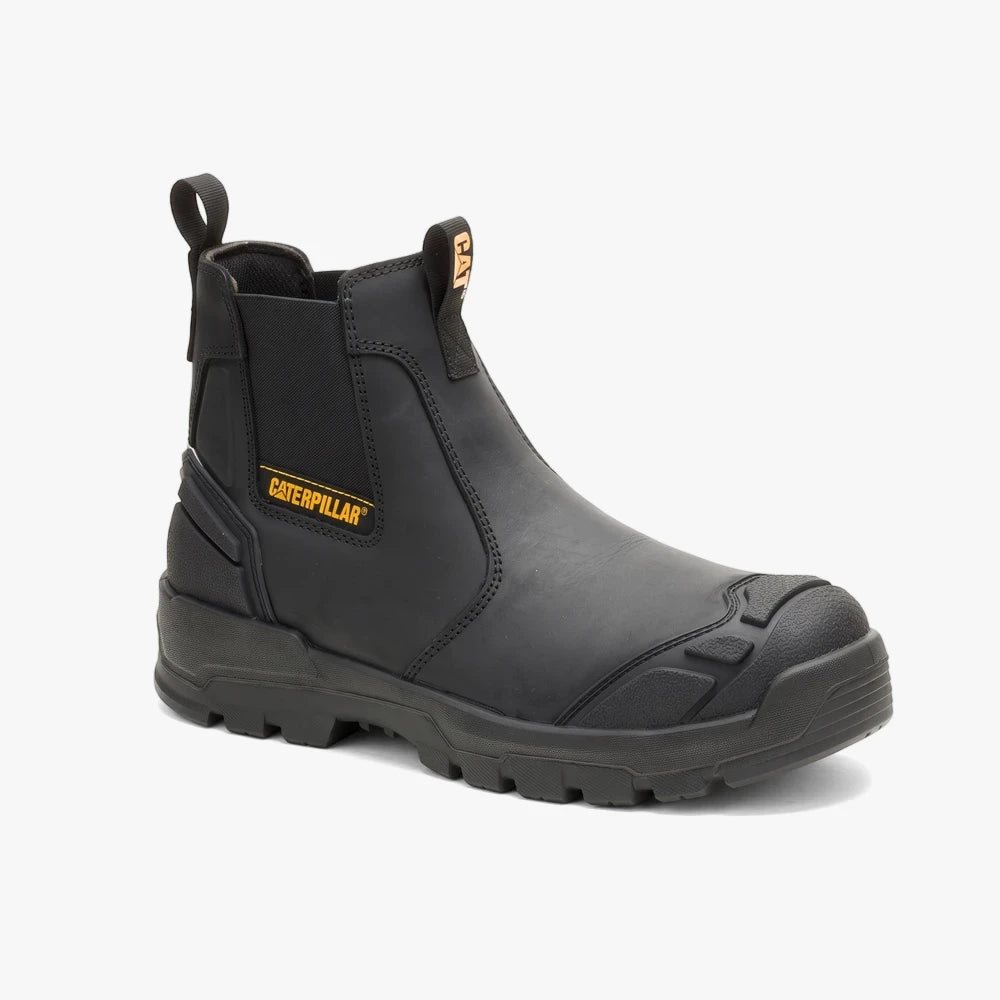 Black Caterpillar Striver XL Dealer S3 FO SC LG HRO SR pull-on work boot, seen from the side with yellow branding details.