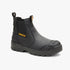 Black Caterpillar Striver XL Dealer S3 FO SC LG HRO SR pull-on work boot, seen from the side with yellow branding details.