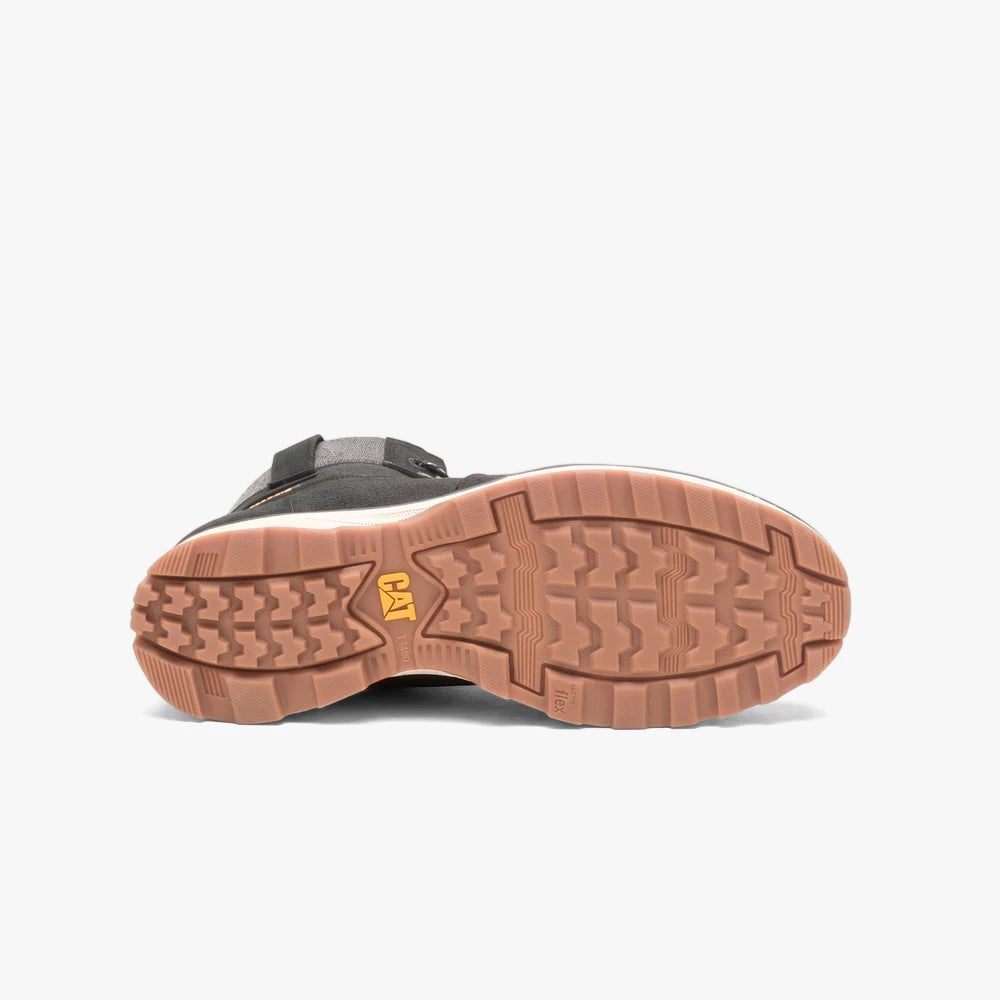 Caterpillar Womens Charli Lace Up Boot Black, featuring a durable brown lug sole and black upper, viewed from the bottom.