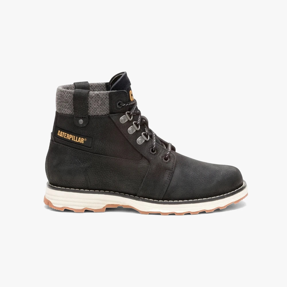 Black leather Caterpillar Womens Charli lace-up boot with a gray knitted cuff and white sole, viewed from the side.