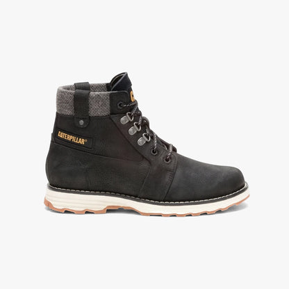 Black leather Caterpillar Womens Charli lace-up boot with a gray knitted cuff and white sole, viewed from the side.
