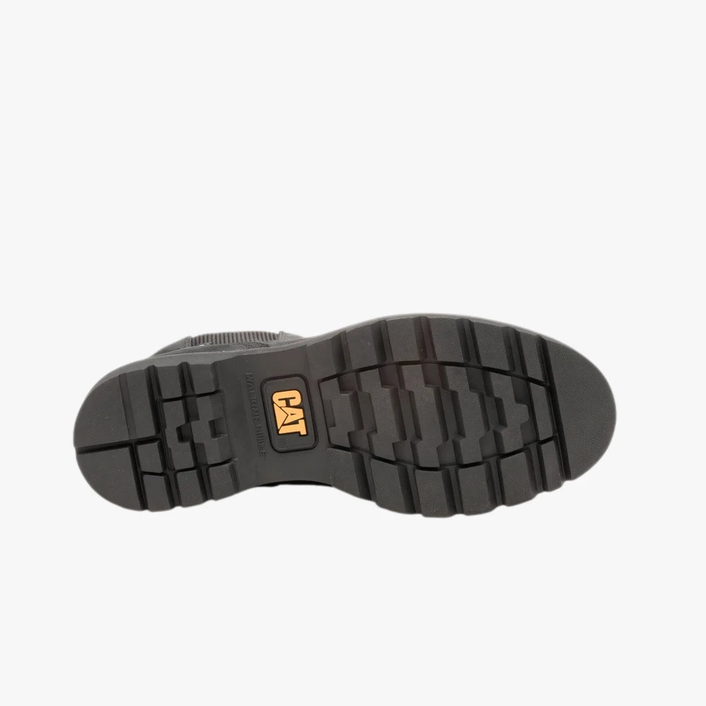 Black Caterpillar Womens Colorado 2.0 Chelsea Boot sole, featuring rugged tread and the yellow CAT logo.