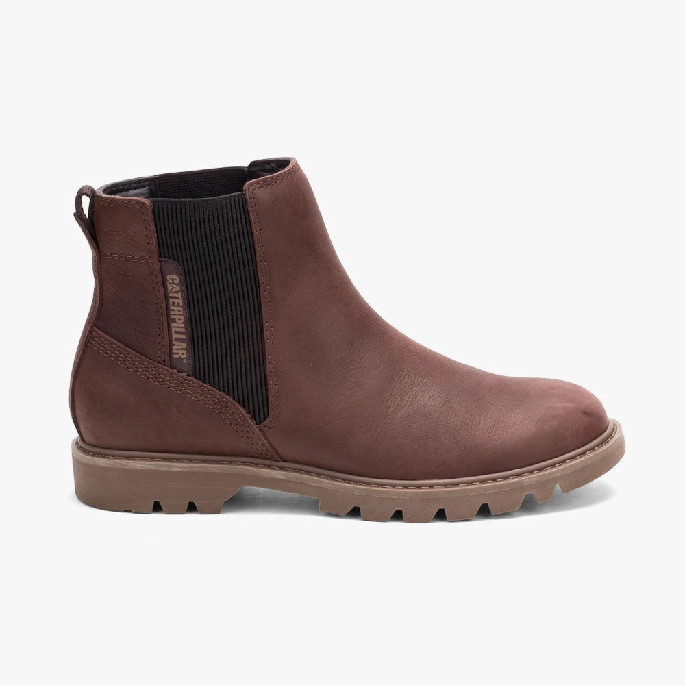 Brown leather Caterpillar Womens Colorado Chelsea Boot with black elastic side panels and a robust lugged sole, shown in a