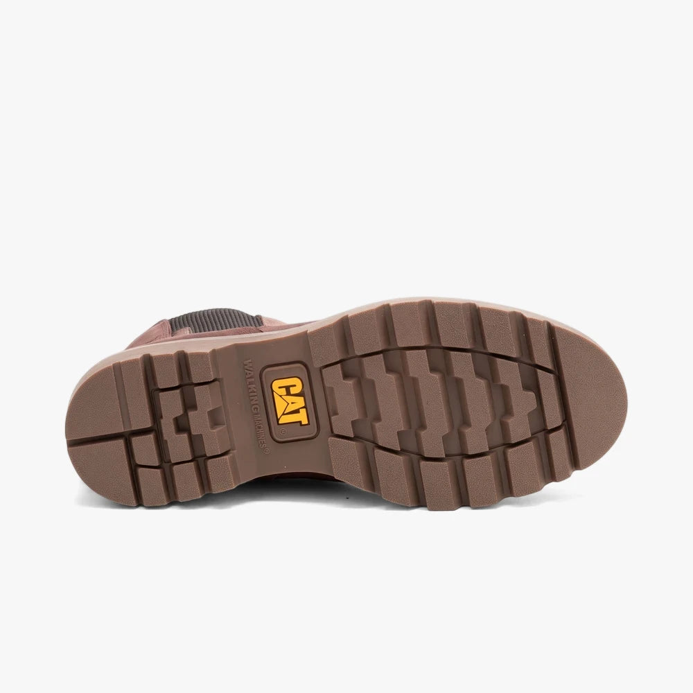 Brown Caterpillar Womens Colorado Chelsea boot, sole view, featuring a lug outsole and yellow CAT logo.