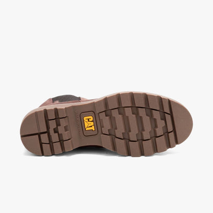 Brown Caterpillar Womens Colorado Chelsea boot, sole view, featuring a lug outsole and yellow CAT logo.