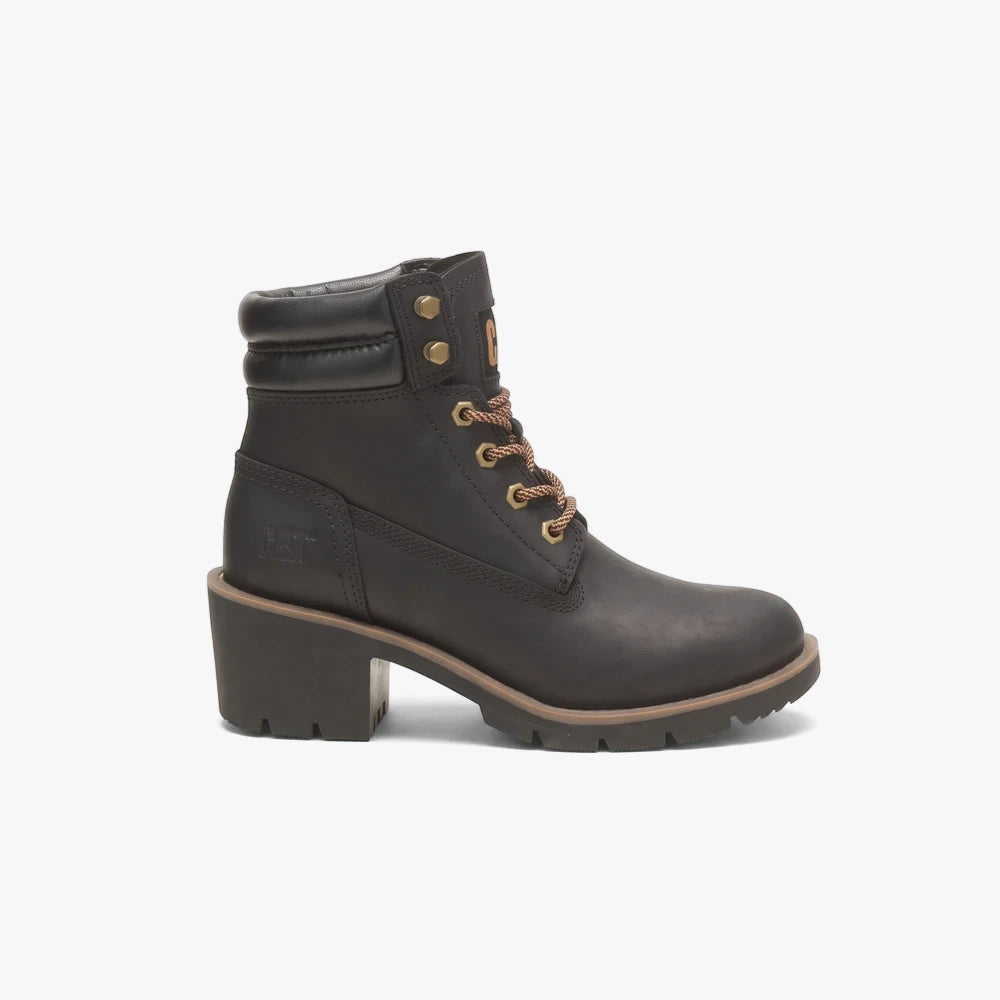 Caterpillar Womens Rewrite Boot in black leather, featuring a chunky heel, brown laces, and gold hardware.