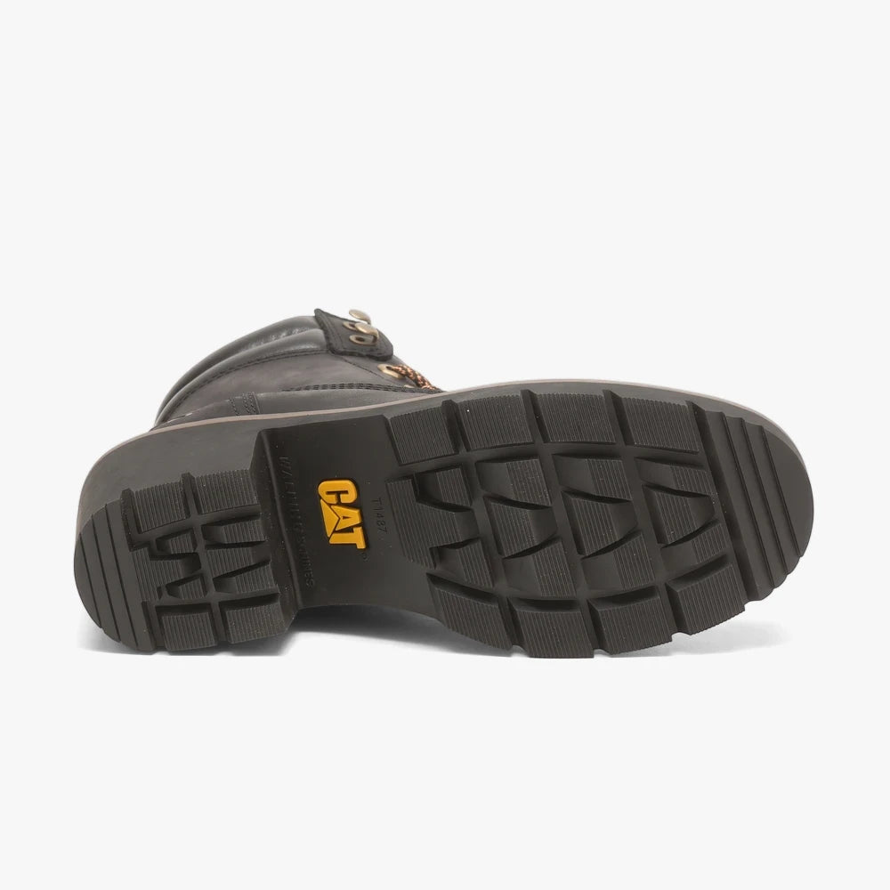 Black Caterpillar Womens Rewrite Boot showing the rugged sole with a distinctive tread pattern and yellow CAT logo, viewed