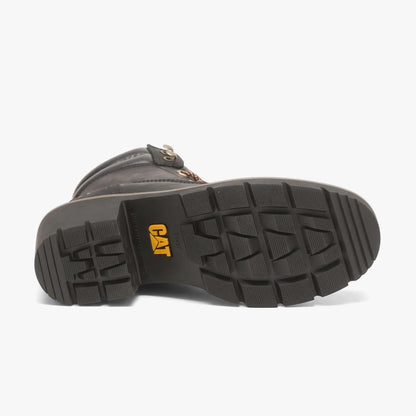 Black Caterpillar Womens Rewrite Boot showing the rugged sole with a distinctive tread pattern and yellow CAT logo, viewed