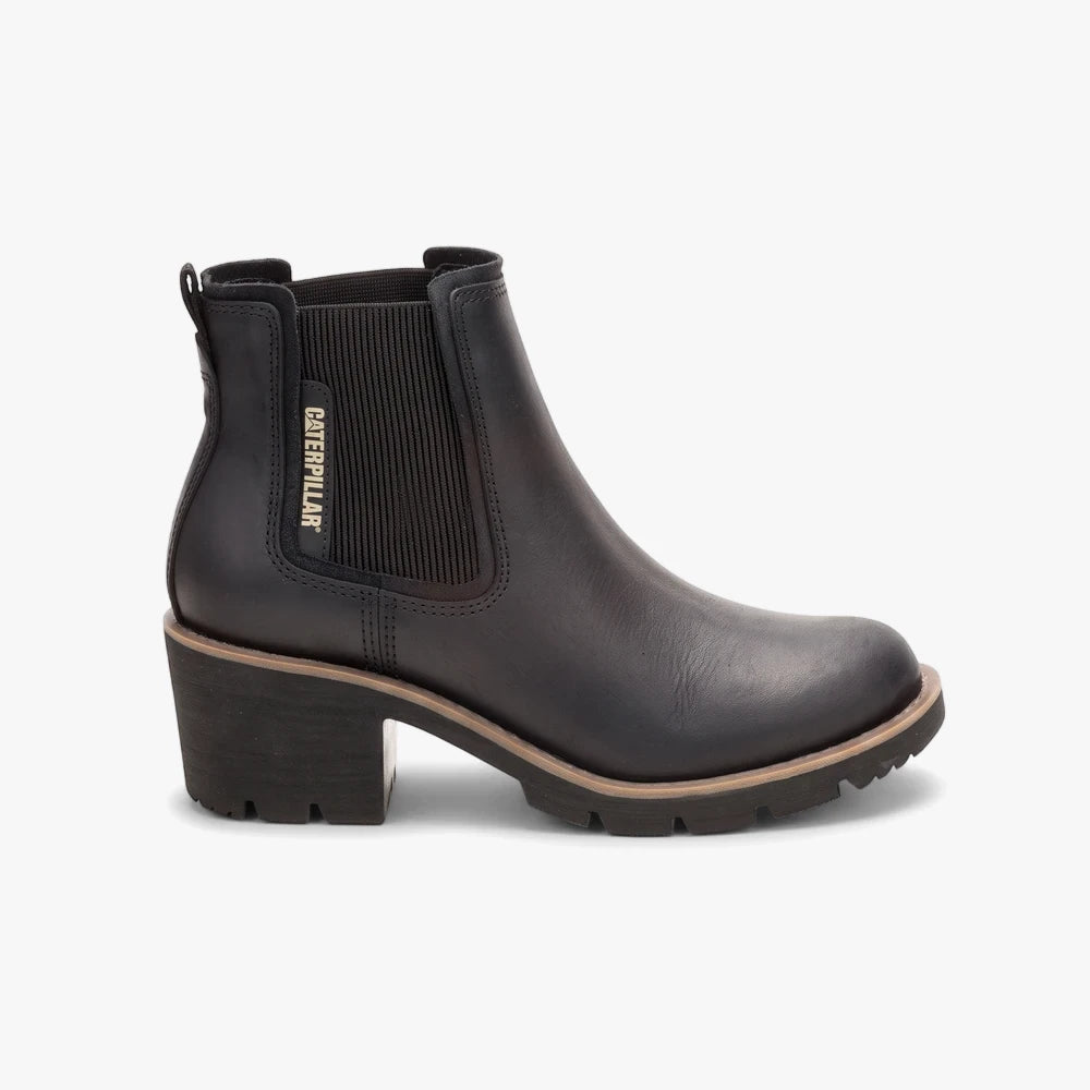 Black leather Caterpillar Womens Rewrite Chelsea boot with elastic side panels and chunky lug sole, photographed from a side