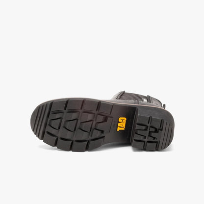 Black Caterpillar Womens Rewrite Chelsea Boot, shown from the bottom, highlighting the durable sole with its distinct tread
