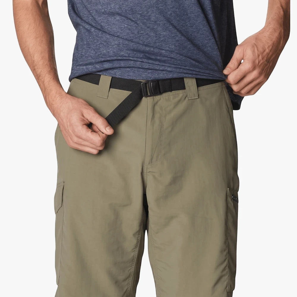 Close-up of Columbia Mens Silver Ridge Cargo Shorts in stone green, featuring a belted waist and cargo pockets.