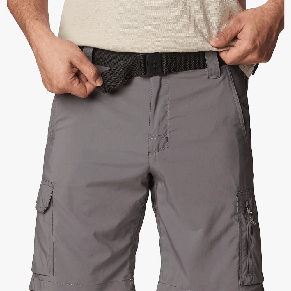 Close-up of a man wearing grey Columbia Silver Ridge cargo shorts and a black belt.