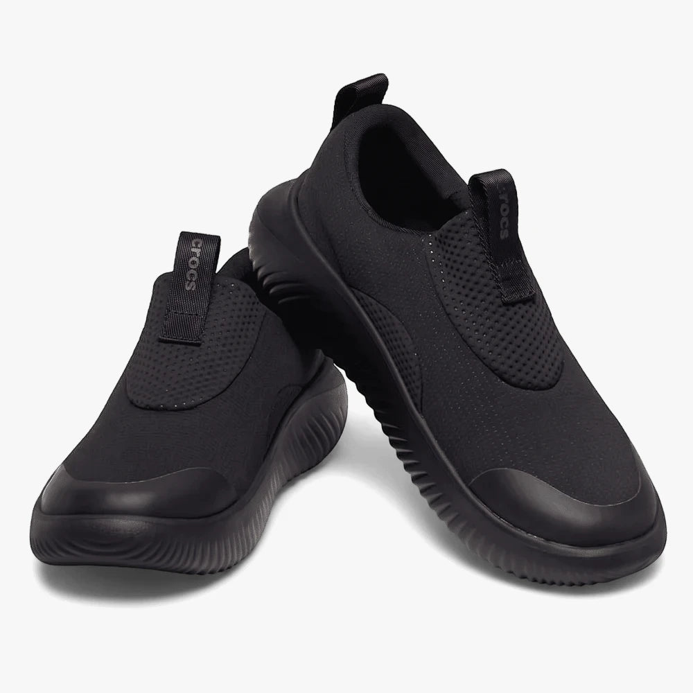 Crocs Mellow Ease Slip On Shoe in black with knit upper and cushioned sole for everyday comfort