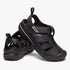 Pair of black Crocs Mens Yukon Fisherman sandals with closed toes and adjustable straps, shown angled against a white