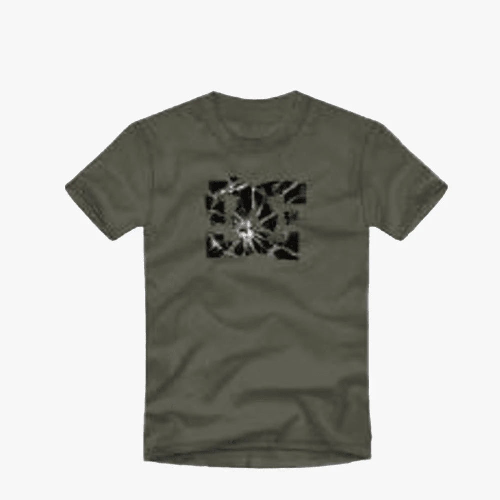 Dc Boys Crushed Glass short sleeve tee in olive with a shattered glass square graphic on the chest.