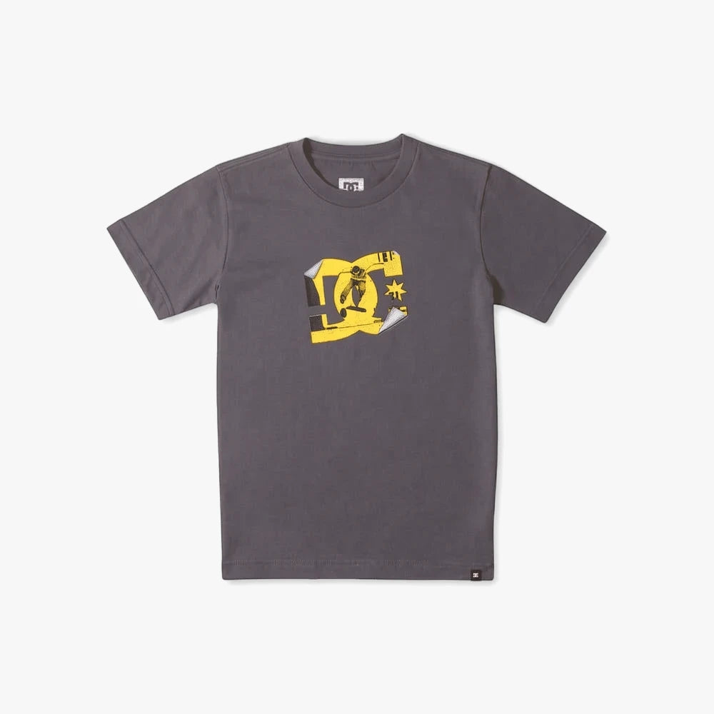 Dc Boys Peel It Photo Short Sleeve Tee in magnet grey. Features a unique yellow and black graphic logo depicting a skater,