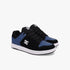 Pair of Dc Mens Manteca 4 Sneakers in black, blue, and white, featuring black laces and visible DC logos, viewed from the