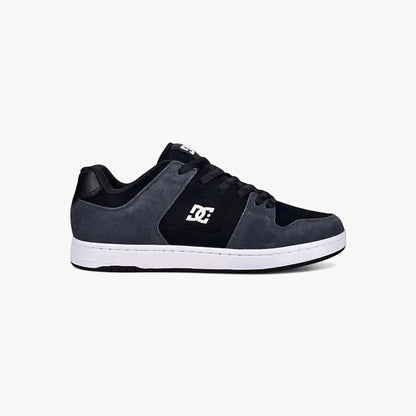 Dc Mens Manteca 4 sneaker in grey, white, and black, shown in a side view on a clean background.