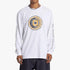 Dc Mens Throwback Long Sleeve Tee in white with a circular brand logo on the chest and text on the sleeves, worn by a model.