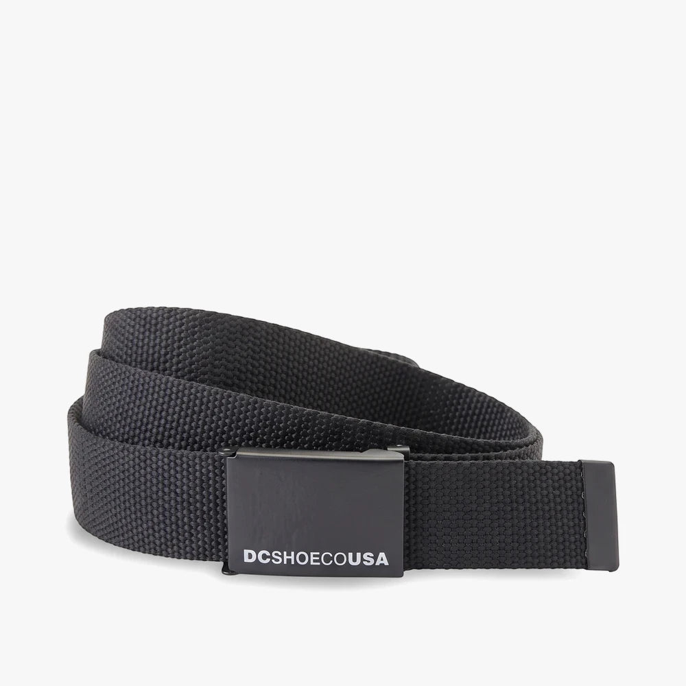 Black DC Web Belt with a logo buckle, coiled on a flat surface, offering a durable and adjustable accessory for men.