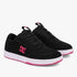 Pair of black and pink DC Womens Astrix sneakers, showcasing their suede and mesh upper with a white midsole and pink
