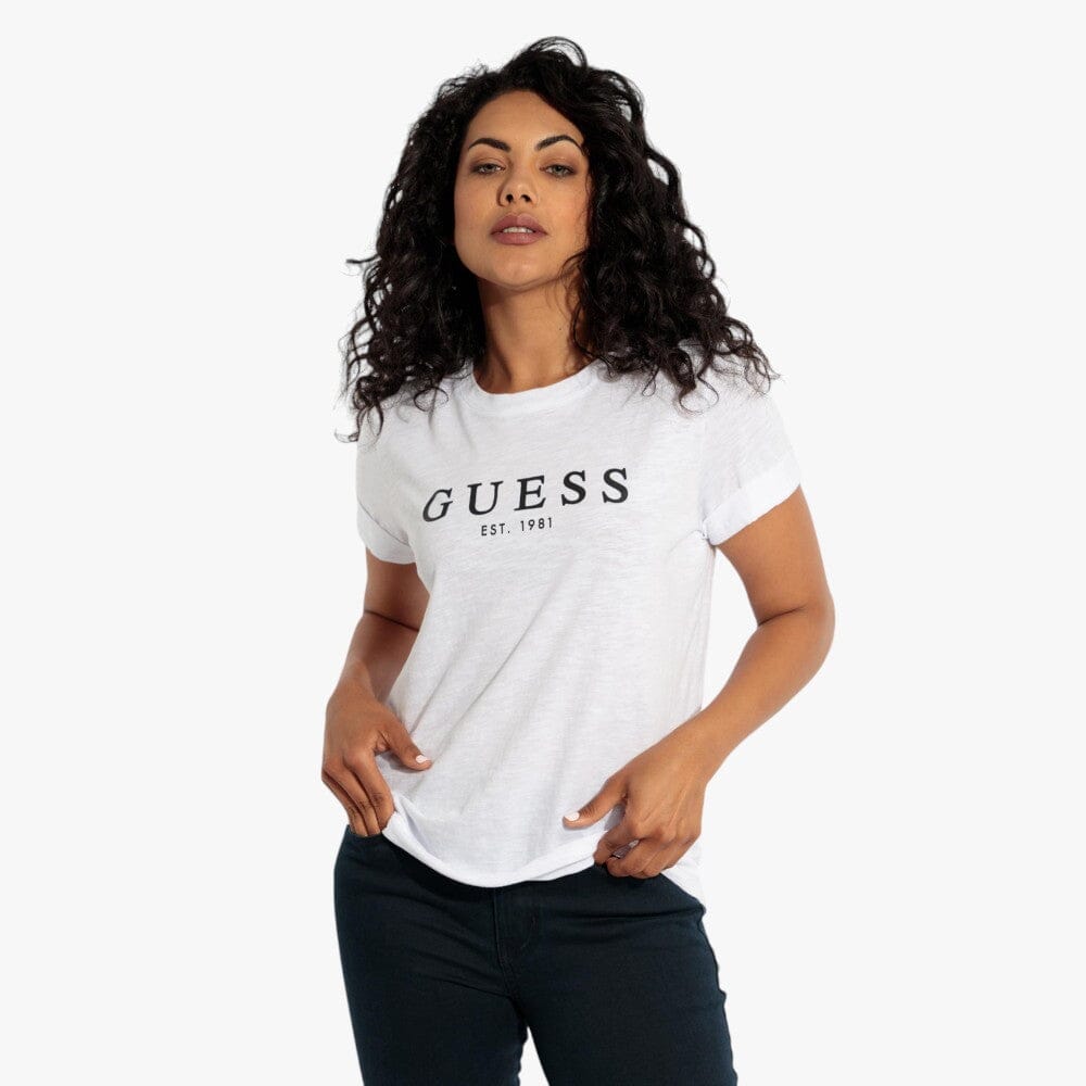 Guess Womens 1981 Roll Cuff Short Sleeve Tee White | Guess