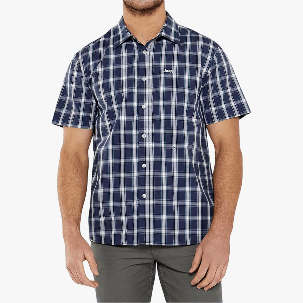Jeep Mens Yd Check Short Sleeve Shirt Navy Blue | Jeep