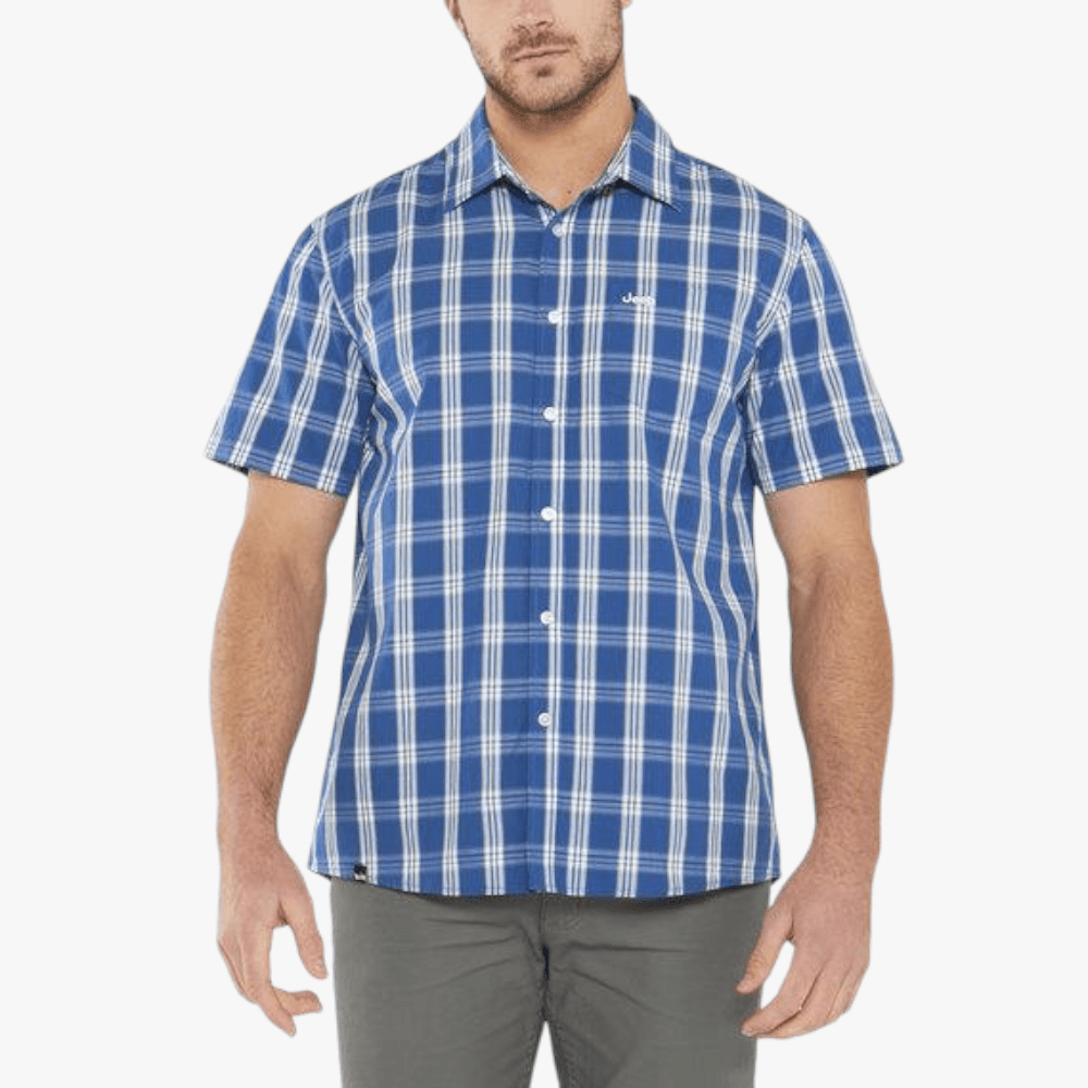 Jeep Mens Casual Check Short Sleeve Shirts Skipper Blue White | Jeep