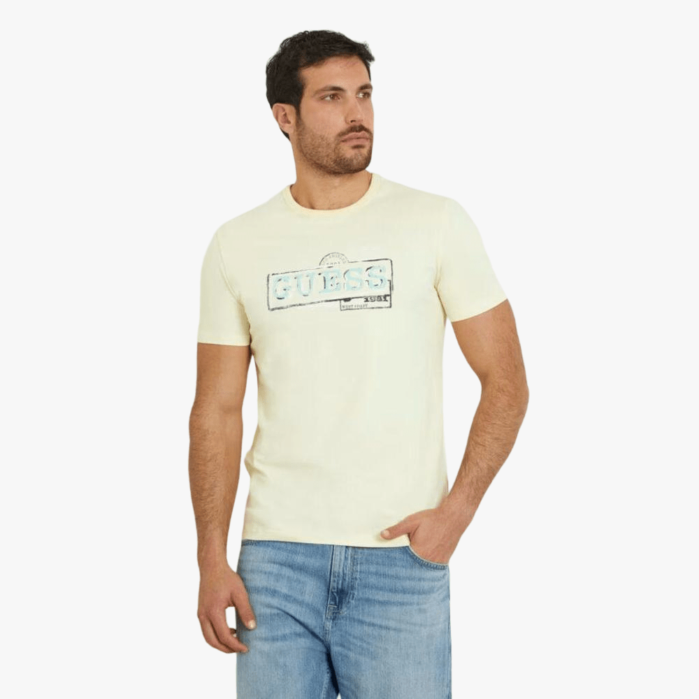 Guess Mens Box Logo Short Sleeve Tee Light Yellow | Guess