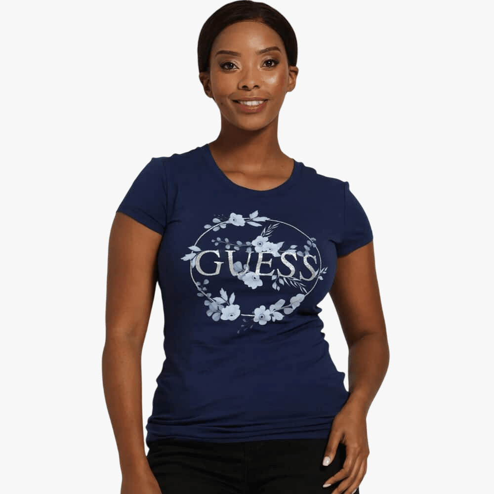 Guess Womens Floral Short Sleeve Tee Dark Blue