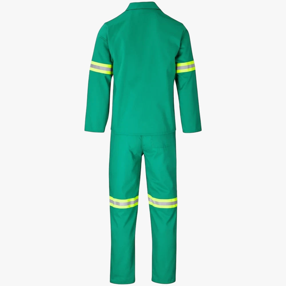 Emerald green two-piece conti suit with yellow and silver reflective safety tape, viewed from the back.