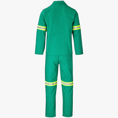 Emerald green two-piece conti suit with yellow and silver reflective safety tape, viewed from the back.