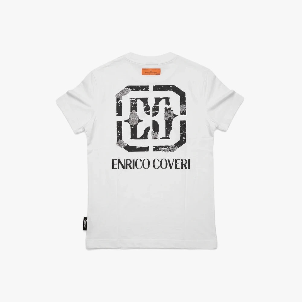 Enrico Coveri Mens Short Sleeve Tee in off-white, featuring a large distressed black graphic and brand text on the back.