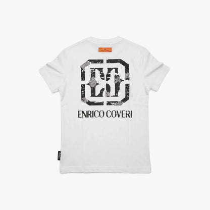 Enrico Coveri Mens Short Sleeve Tee in off-white, featuring a large distressed black graphic and brand text on the back.
