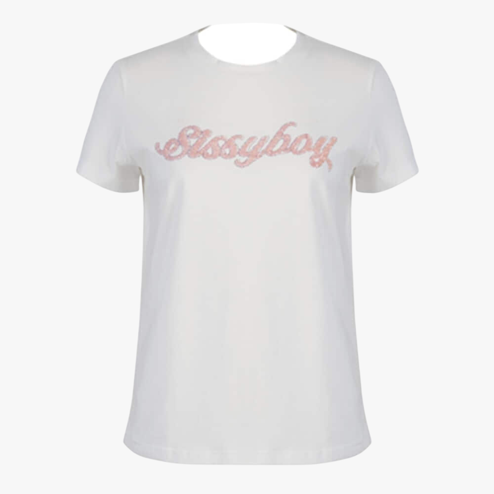 Sissy Boy Short Sleeve Tee Pink Beaded Logo White | Sissy Boy