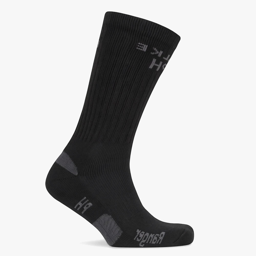 Falke Mens Ranger Crew Socks in black, featuring grey accents on the heel and toe, displayed upright on a plain background.