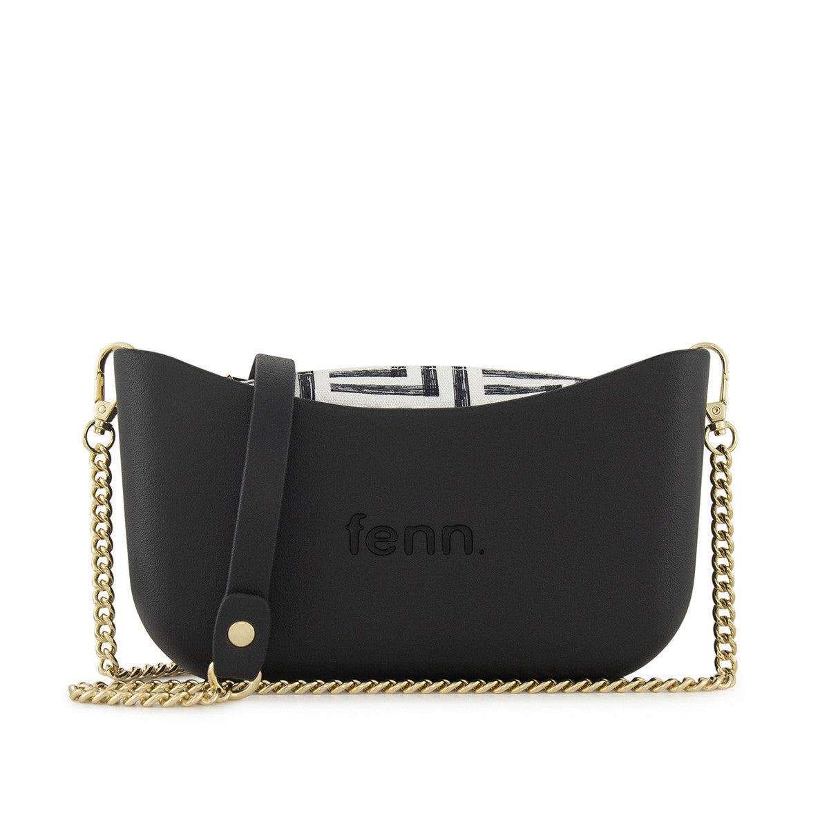 Fenn Classic Handbag Black – Pattern Inner – Gold Zip – Chain Strap