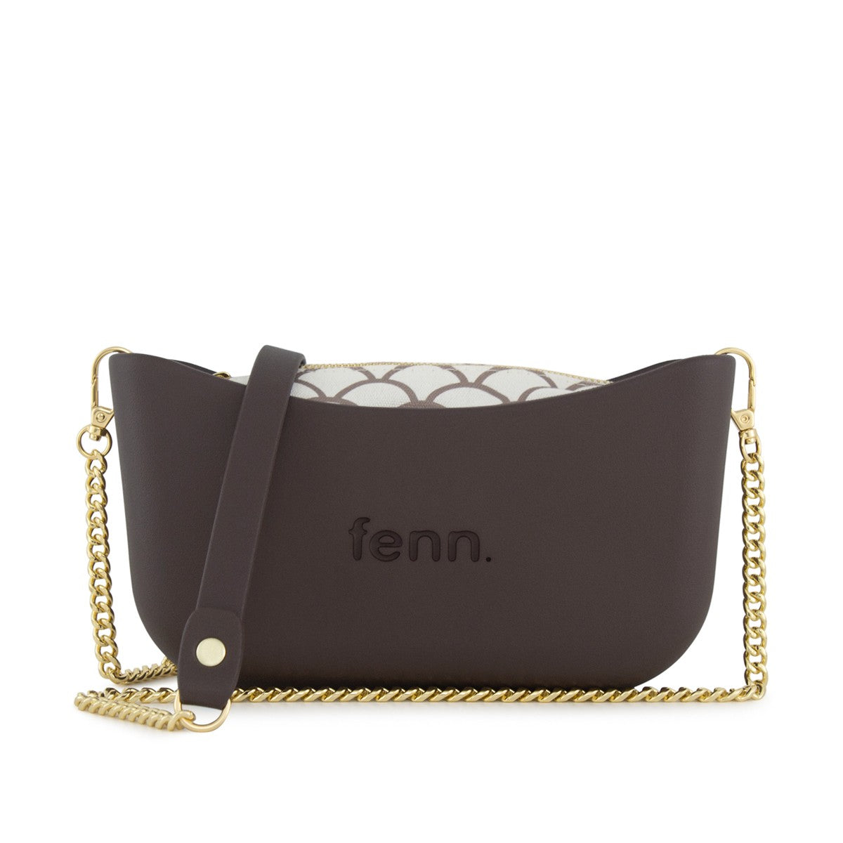 Fenn Classic Handbag Chocolate-Pattern Inner-Gold Zip-Chain Handle