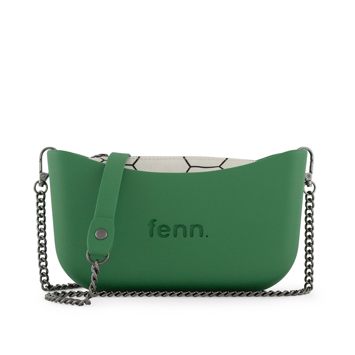 Fenn Classic Handbag -Rainleaf Green-Pattern Inner-Gun Metal Zip- Chain Strap