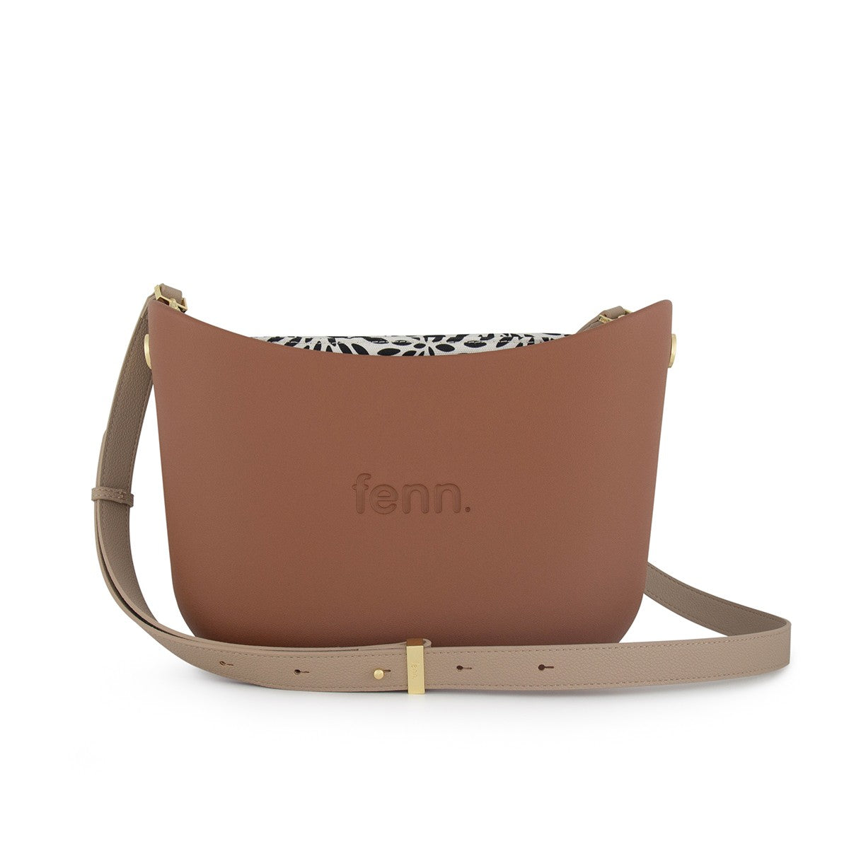 Fenn Messenger Bag-Tan-Pattern Inner- Gold Zip- Adjustable Faux Leather Strap