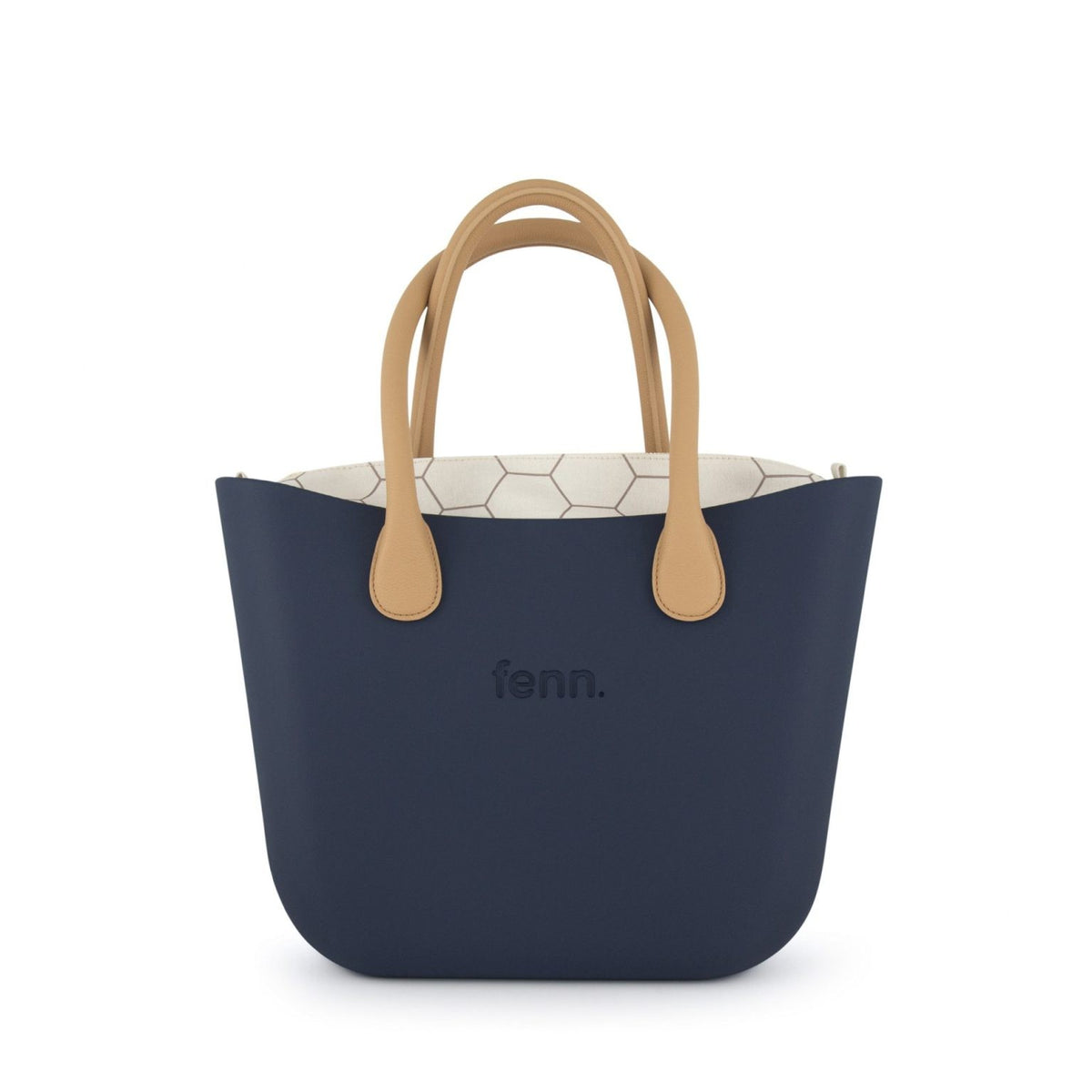 Fenn Original Handbag-Navy-Pattern Inner-Gold Zip-Light Tan Round Handle