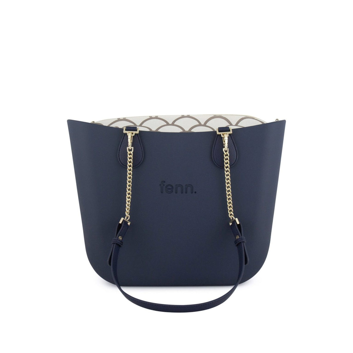 Fenn Original Handbag – Navy- Pattern Inner – Gold Zip – Navy/Gold Chain